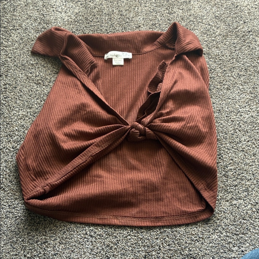 Knitworks Brown Ribbed Tie-Front Top